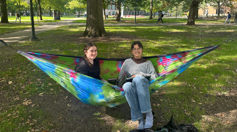 University of Michigan students Sydney Hastings-Wilkins (left) and Annalize Rowe (right) do a writing assignment, Oct. 8, 2024.